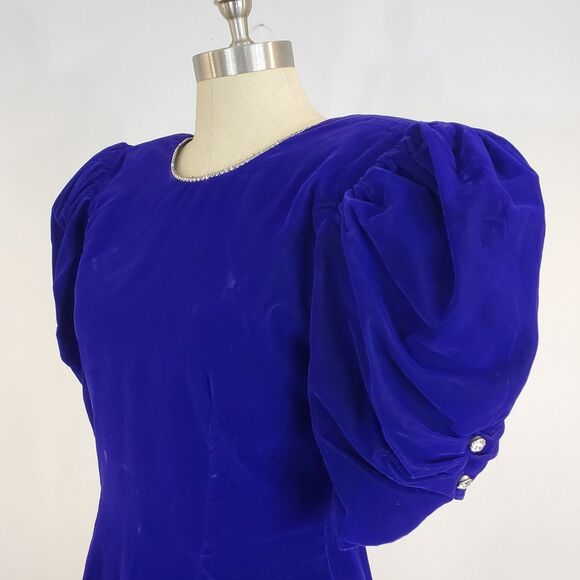 VTG 80s 90s Velvet Puff Sleeve Cocktail Dress Rhinestones Open Back Purple Retro - Picture 5 of 16
